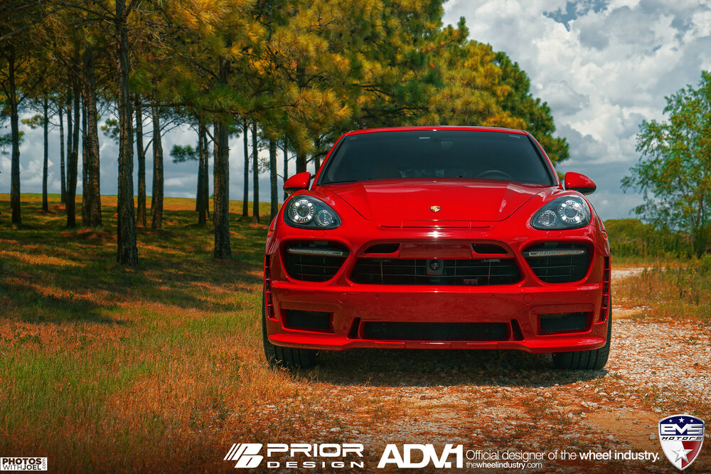 Prior Design aero kit for a red Porsche, front view